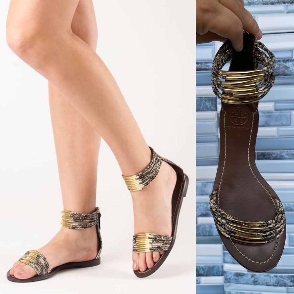 Tory Burch Brown and Gold Braided Ankle Strap Sandals
